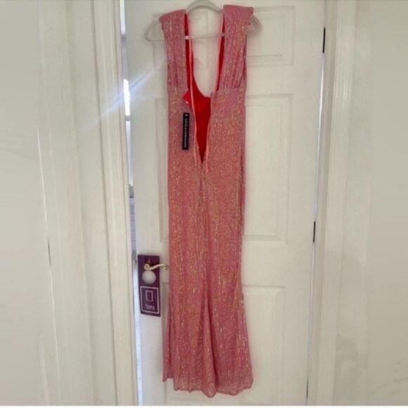 New Deep V-Neck Open Back Pink Reflective Elastic Sequin DRESS Size XS - Picture 7 of 10